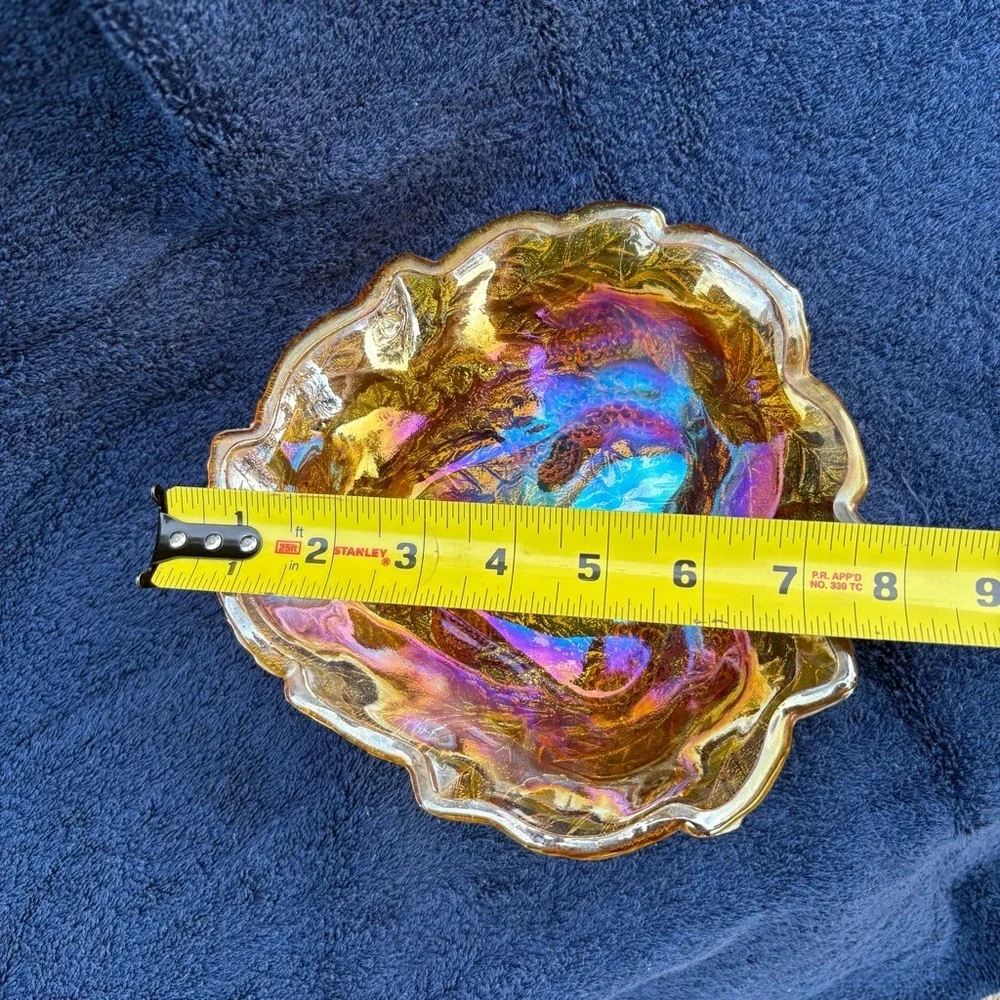 1970’s MCM 7 1/2” Indiana Glass Carnival Amber Leaf & Berry Candy Nut Dish Decor